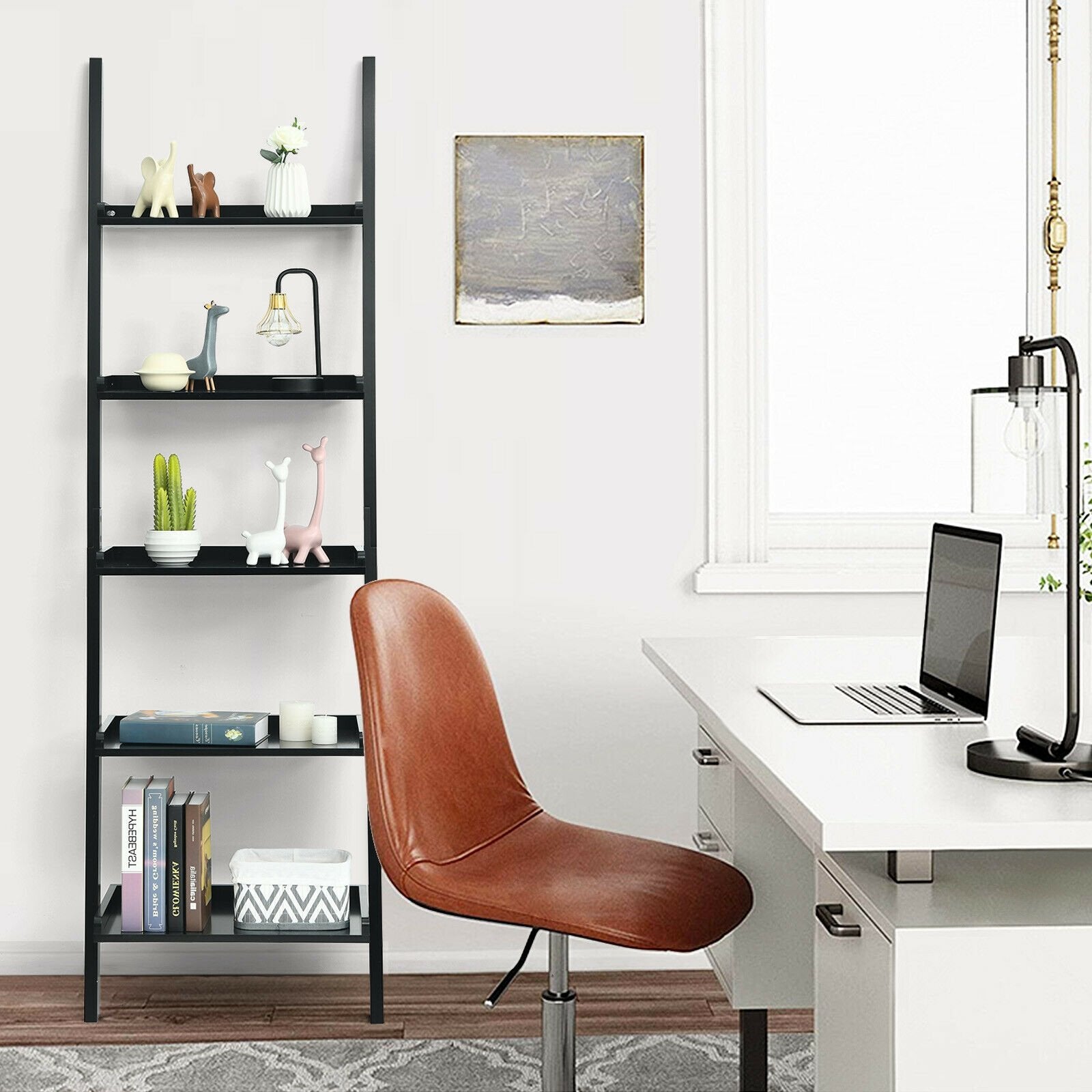 5-Tier Wall-leaning Ladder Shelf Display Rack for Plants and Books-Black