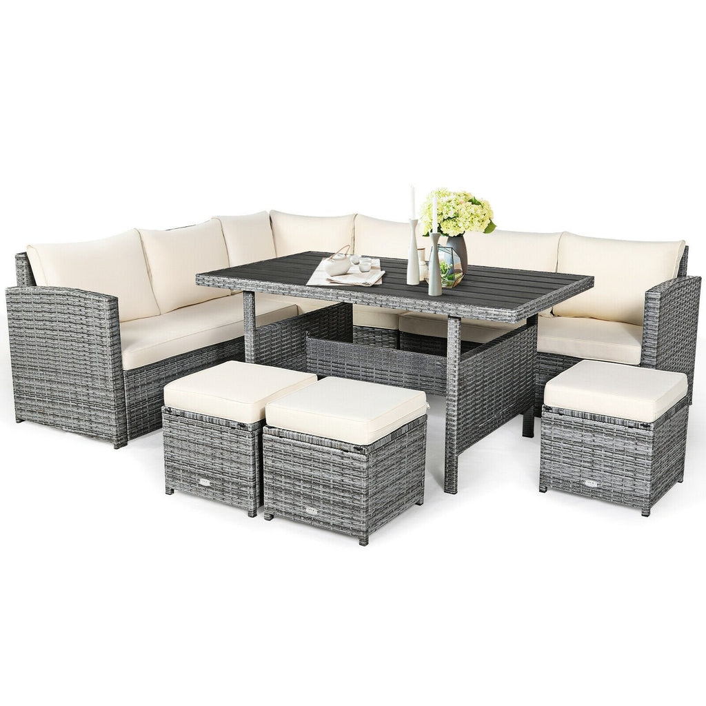 7 Pcs All-Weather Patio Rattan Dining Furniture Sectional Sofa Set with Wicker Ottoman and Cushed Couch-Off White