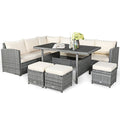 7 Pcs All-Weather Patio Rattan Dining Furniture Sectional Sofa Set with Wicker Ottoman and Cushed Couch-Off White