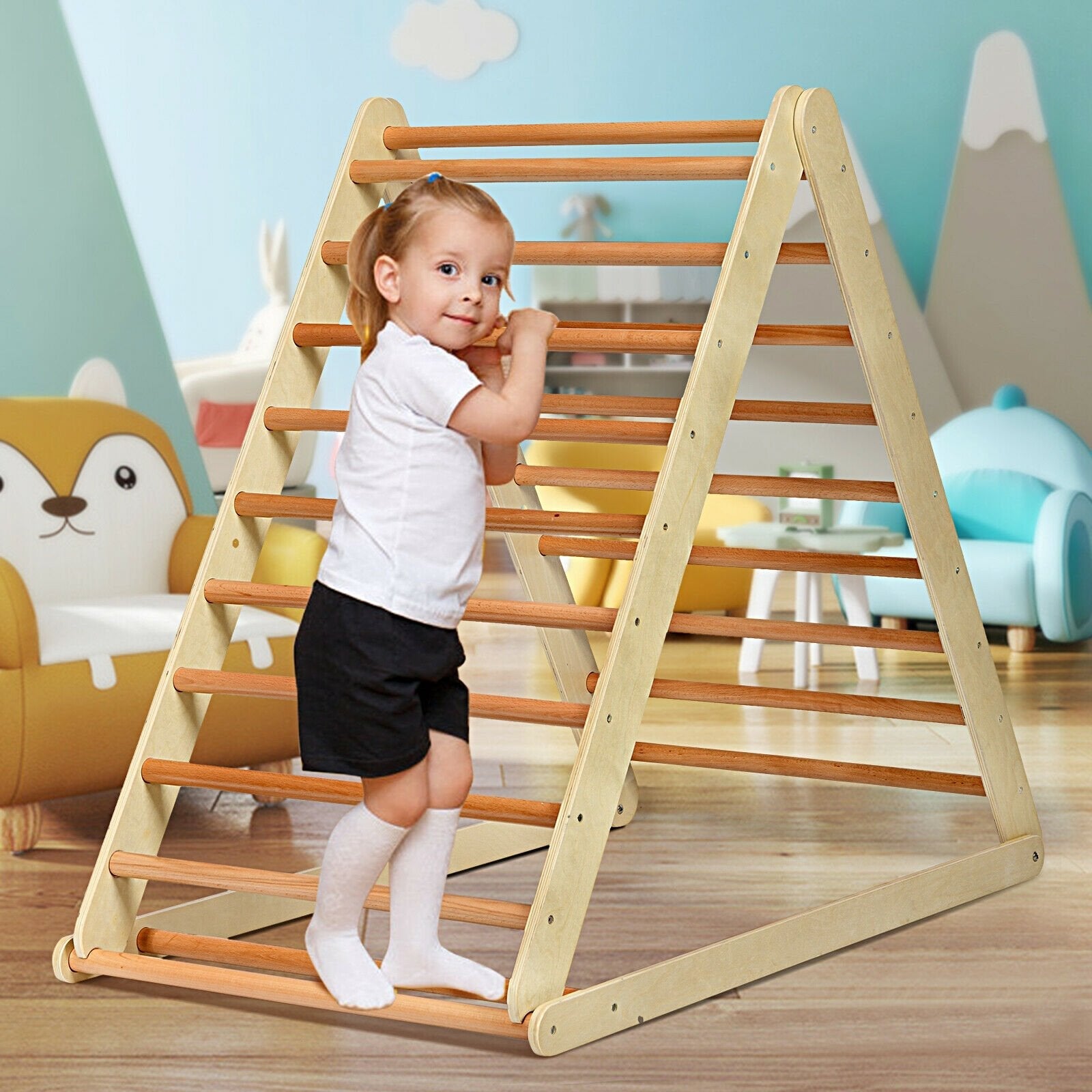 Foldable Wooden Climbing Triangle Indoor with Ladder for Toddler Baby-Multicolor
