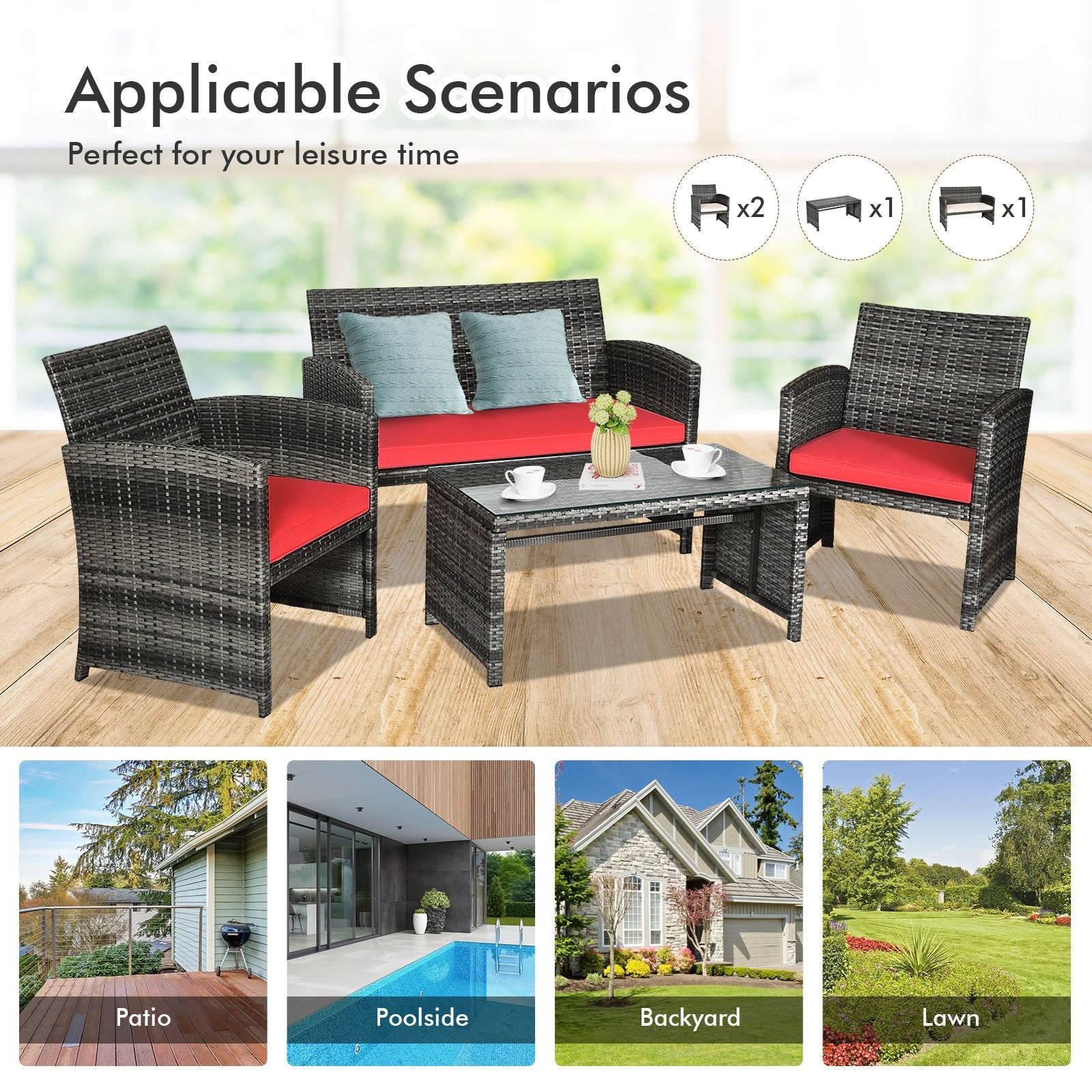 4 Pieces Patio Rattan Furniture Set with Glass Table and Loveseat-Black