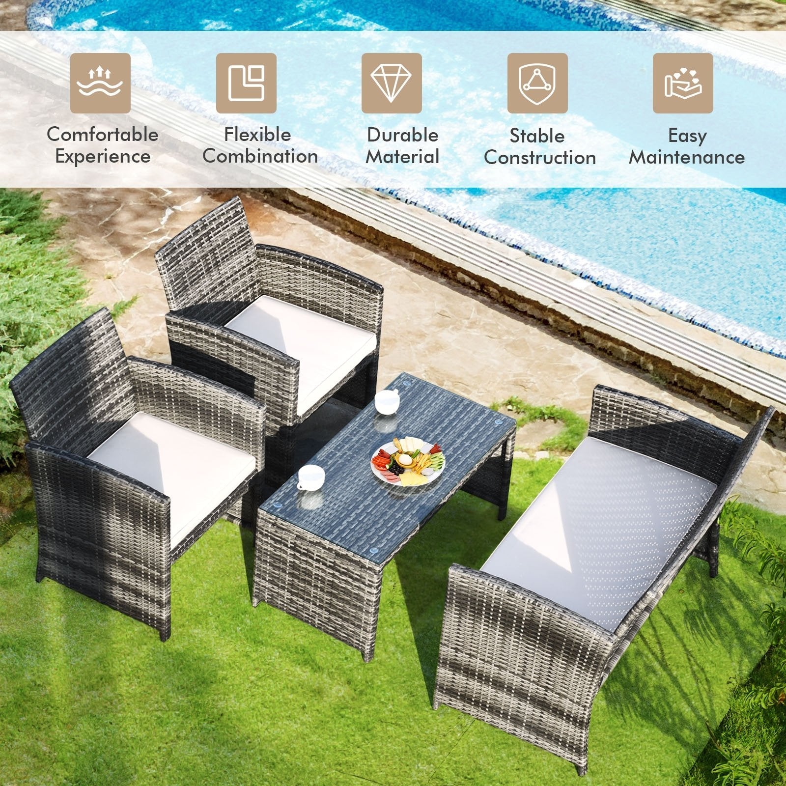 4 Pieces Patio Rattan Furniture Set with Glass Table and Loveseat-Black