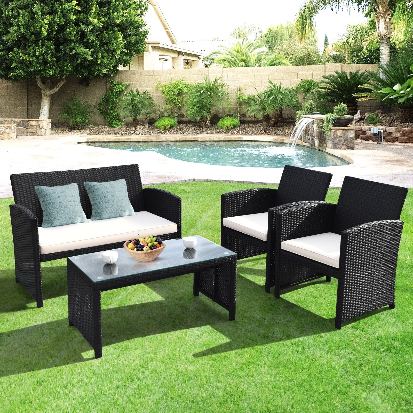 4 Pieces Rattan Patio Furniture Set with Weather Resistant Cushions and Tempered Glass Tabletop-Navy