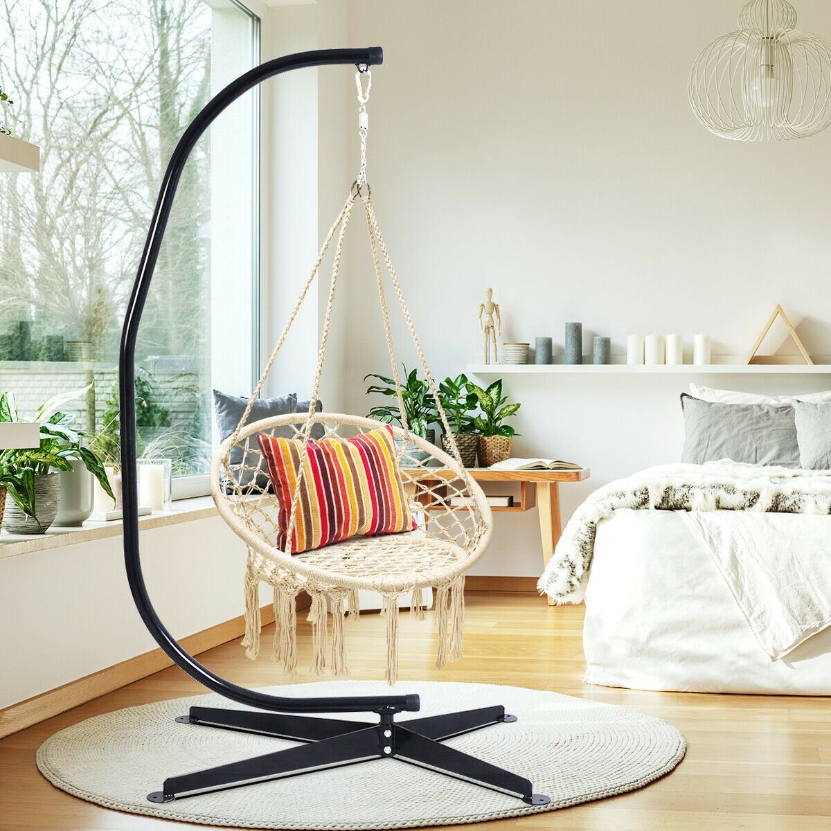 Hanging Macrame Hammock Chair with Handwoven Cotton Backrest-Black