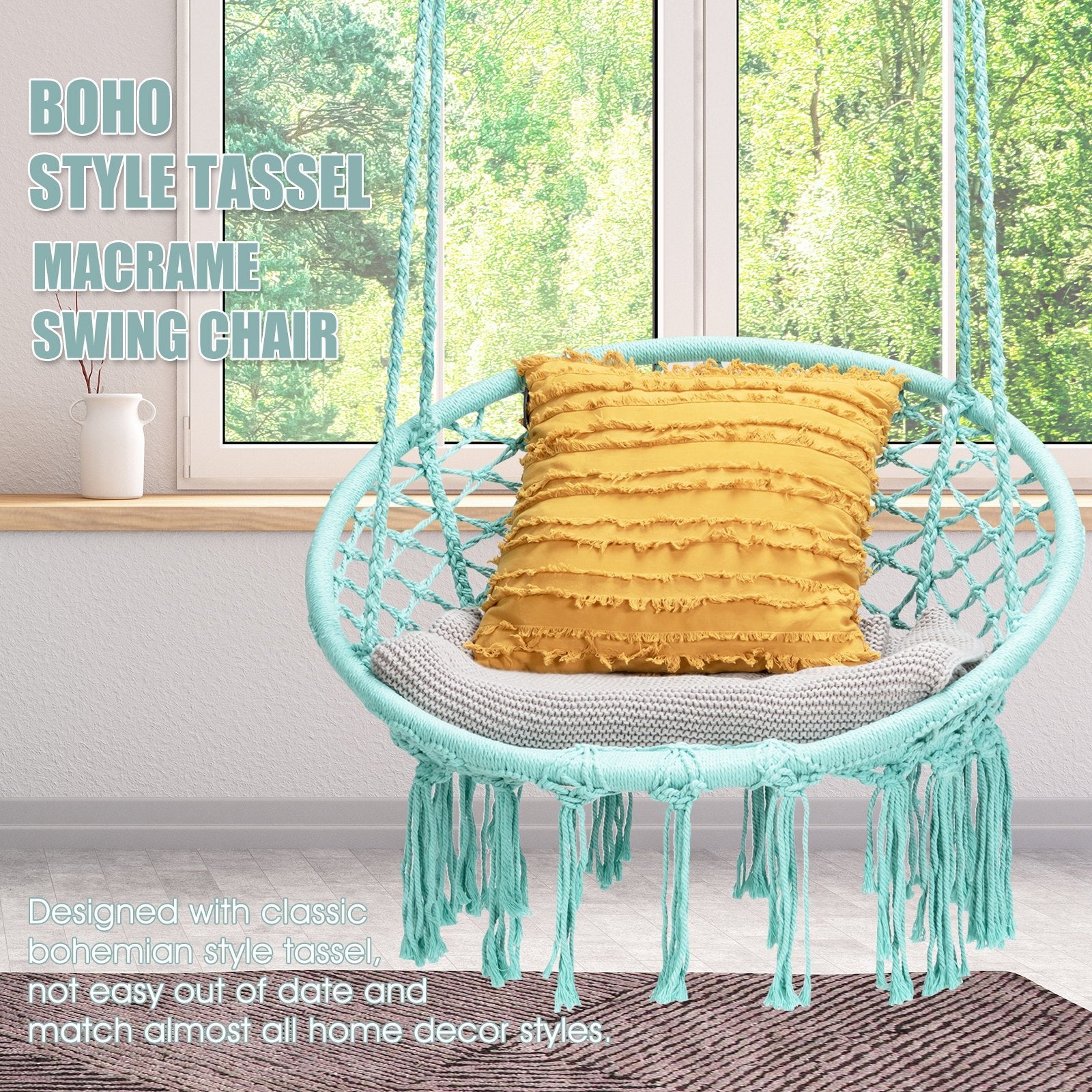 Hanging Macrame Hammock Chair with Handwoven Cotton Backrest-Black