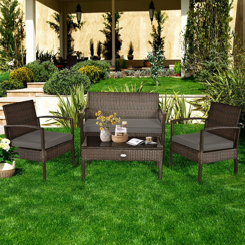 4 Pieces Patio Rattan Cushioned Furniture Set-Black