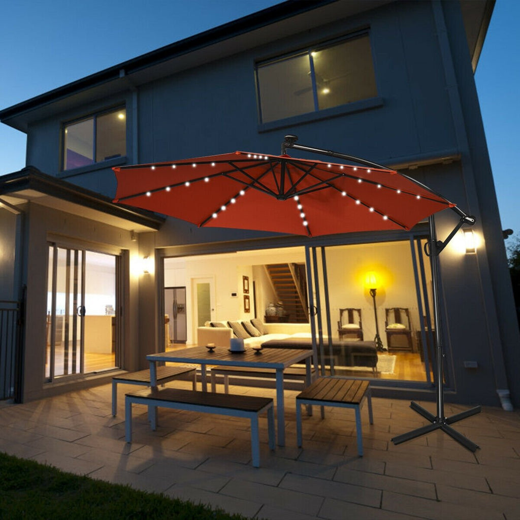 10 ft 360° Rotation Solar Powered LED Patio Offset Umbrella without Weight Base-Beige