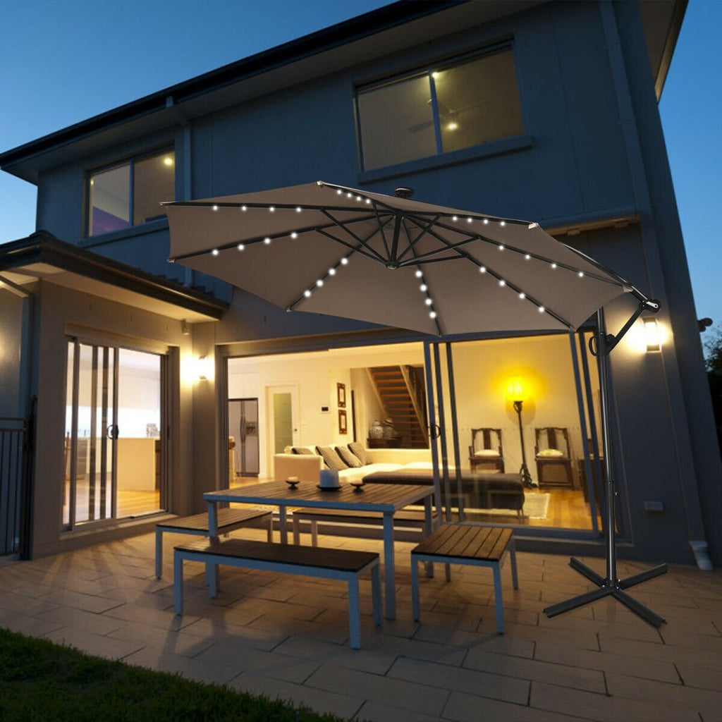 10 ft 360° Rotation Solar Powered LED Patio Offset Umbrella without Weight Base-Beige