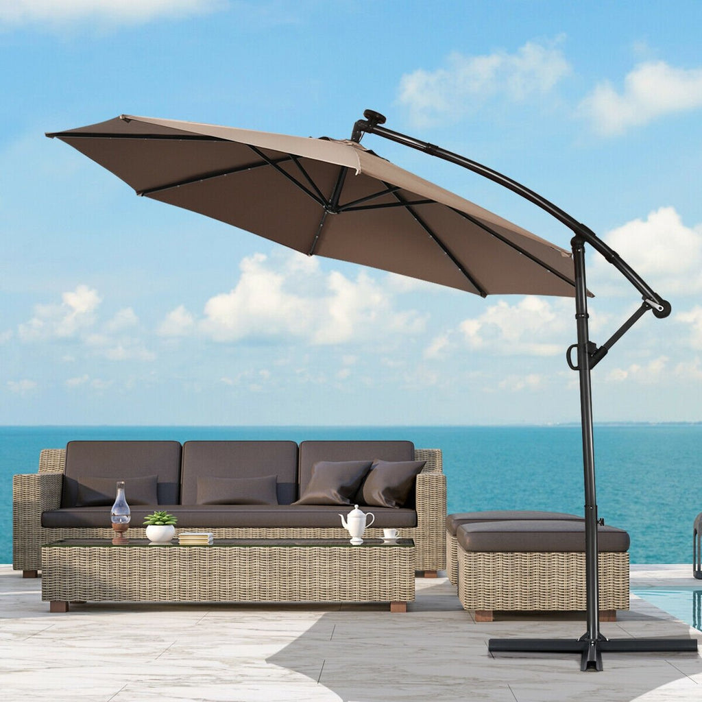 10 ft 360° Rotation Solar Powered LED Patio Offset Umbrella without Weight Base-Beige