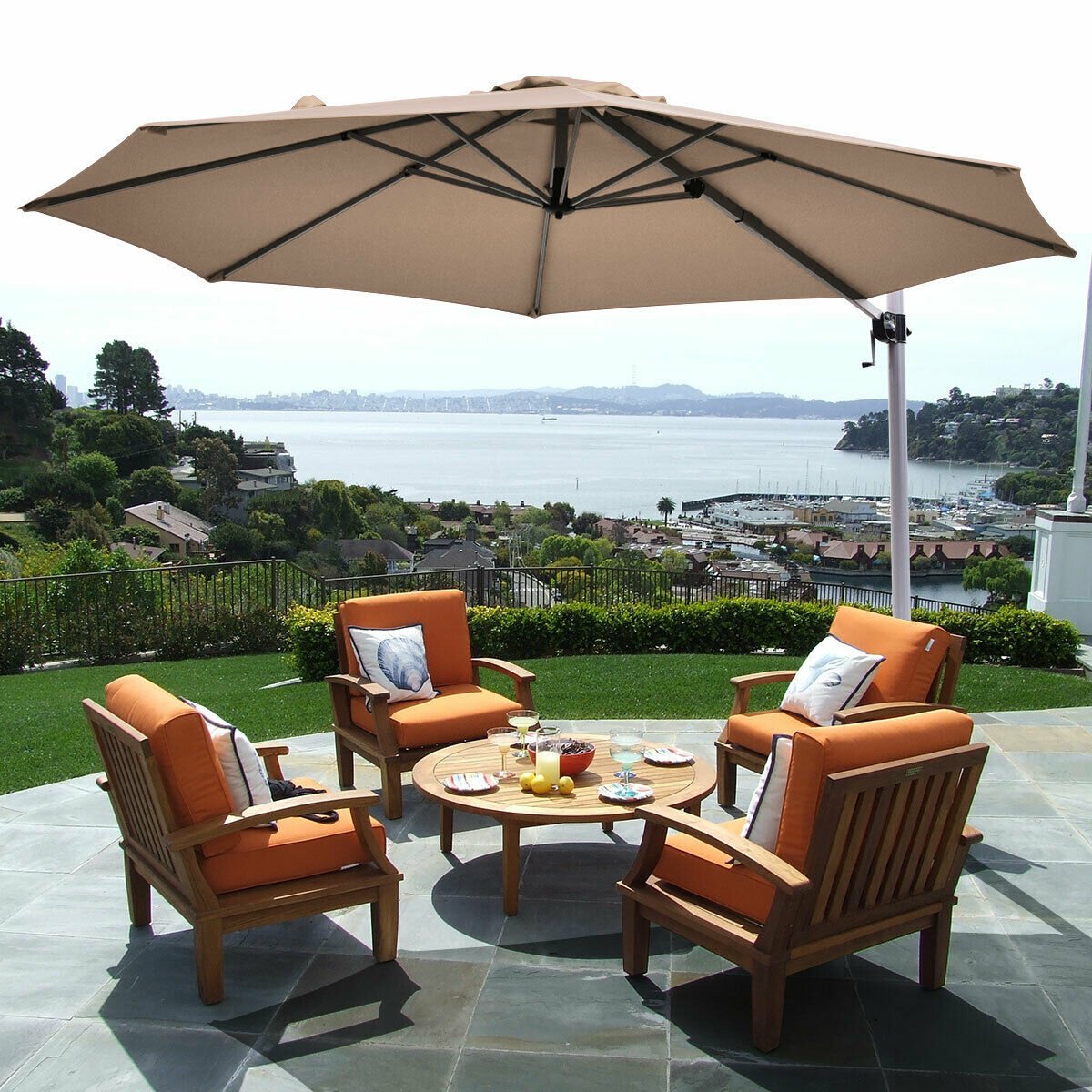 11 Feet Patio Offset Cantilever Umbrella 360° Rotation Aluminum Tilt-Beige