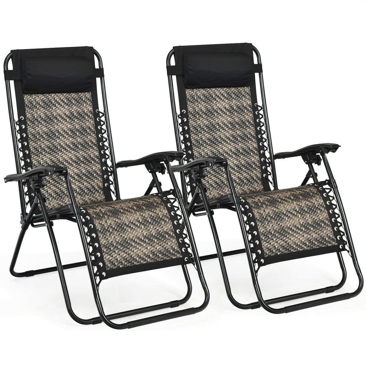 2 Pieces Folding Patio Rattan Zero Gravity Lounge Chair-Brown