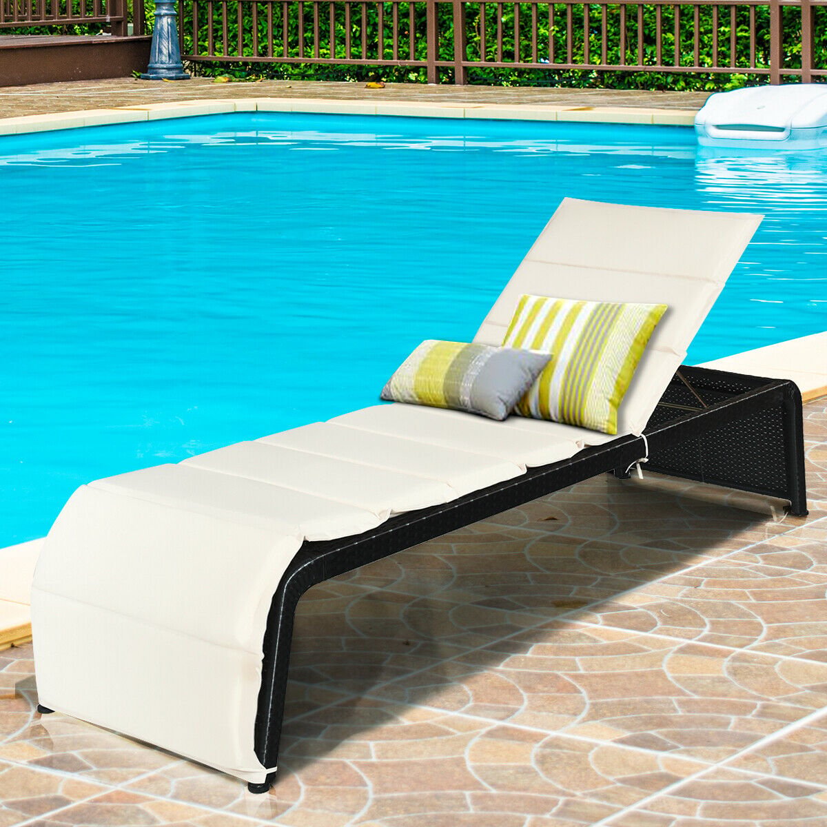 Adjustable Patio Rattan Lounge Chair with Cushions-Red