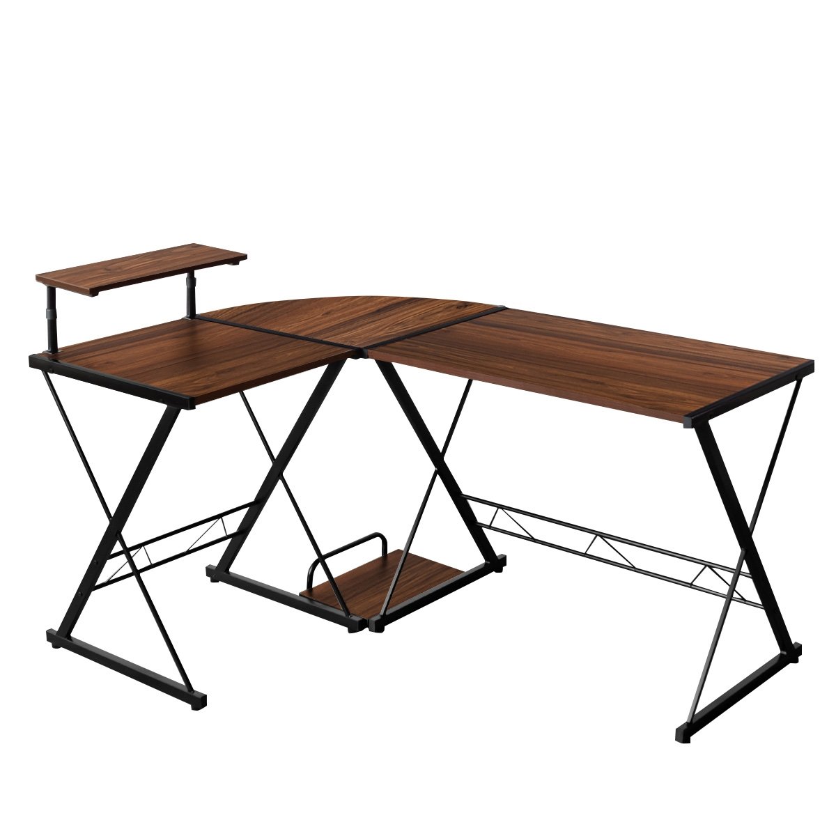 L-Shaped Computer Gaming Desk with Monitor Stand and Host Tray-Black