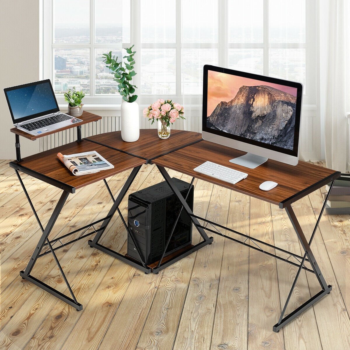 L-Shaped Computer Gaming Desk with Monitor Stand and Host Tray-Black