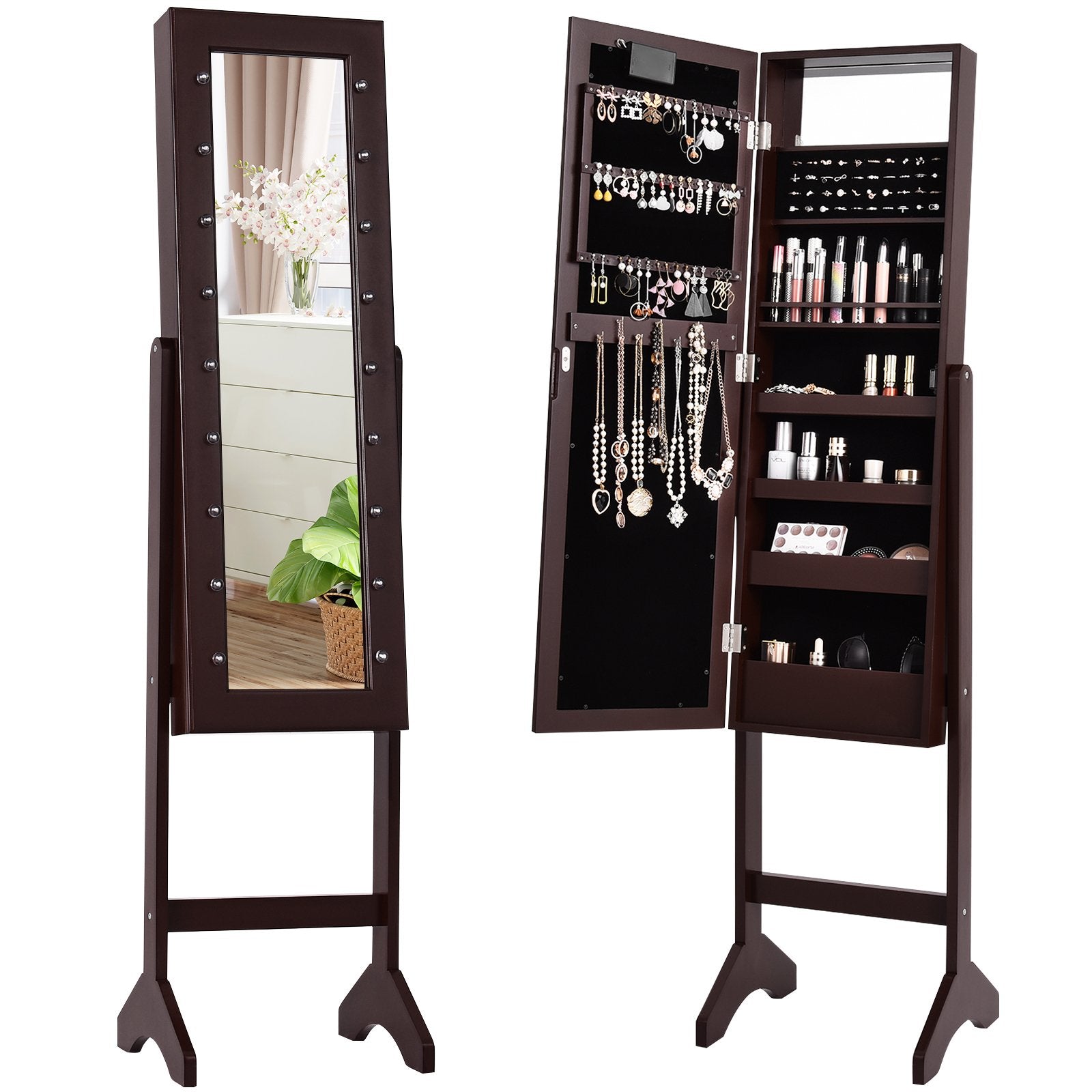 Mirrored Jewelry Cabinet Armoire Organizer w/ LED lights-Black