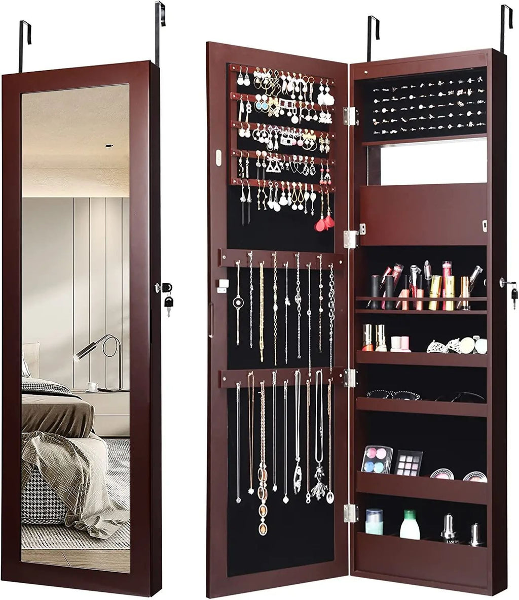 Lockable Wall Door Mounted Mirror Jewelry Cabinet with LED Lights-Black