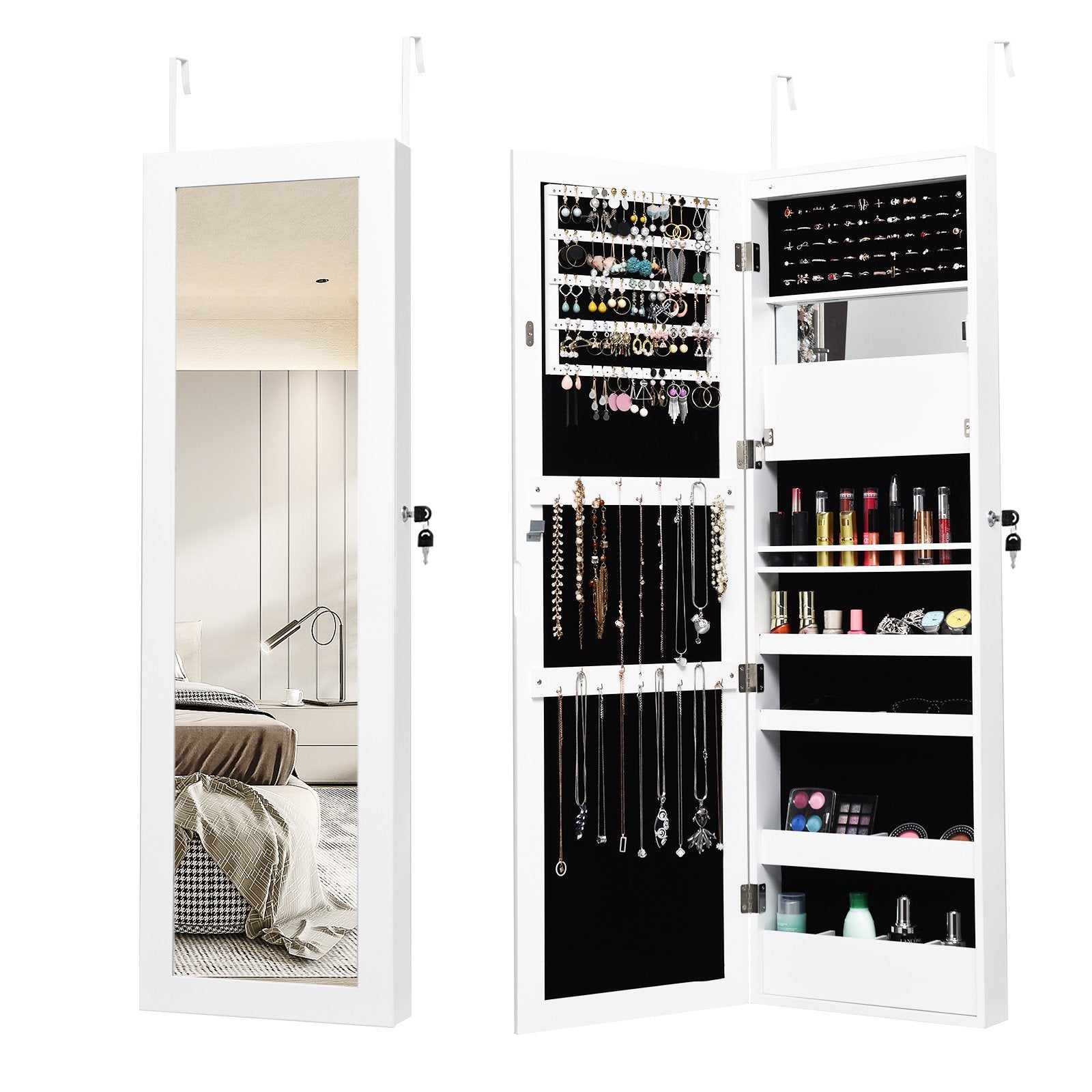 Lockable Wall Door Mounted Mirror Jewelry Cabinet with LED Lights-Black