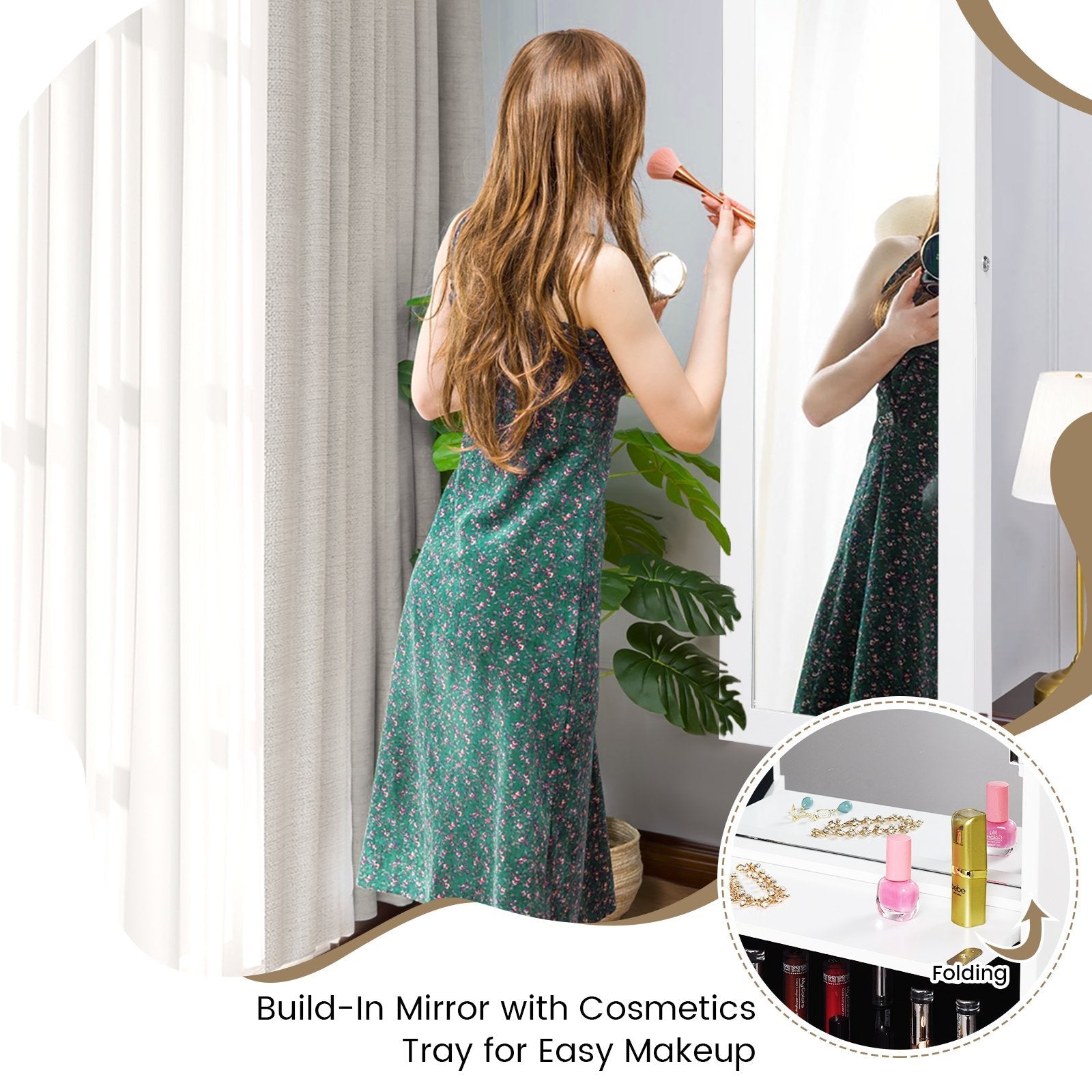 Lockable Wall Door Mounted Mirror Jewelry Cabinet with LED Lights-Black