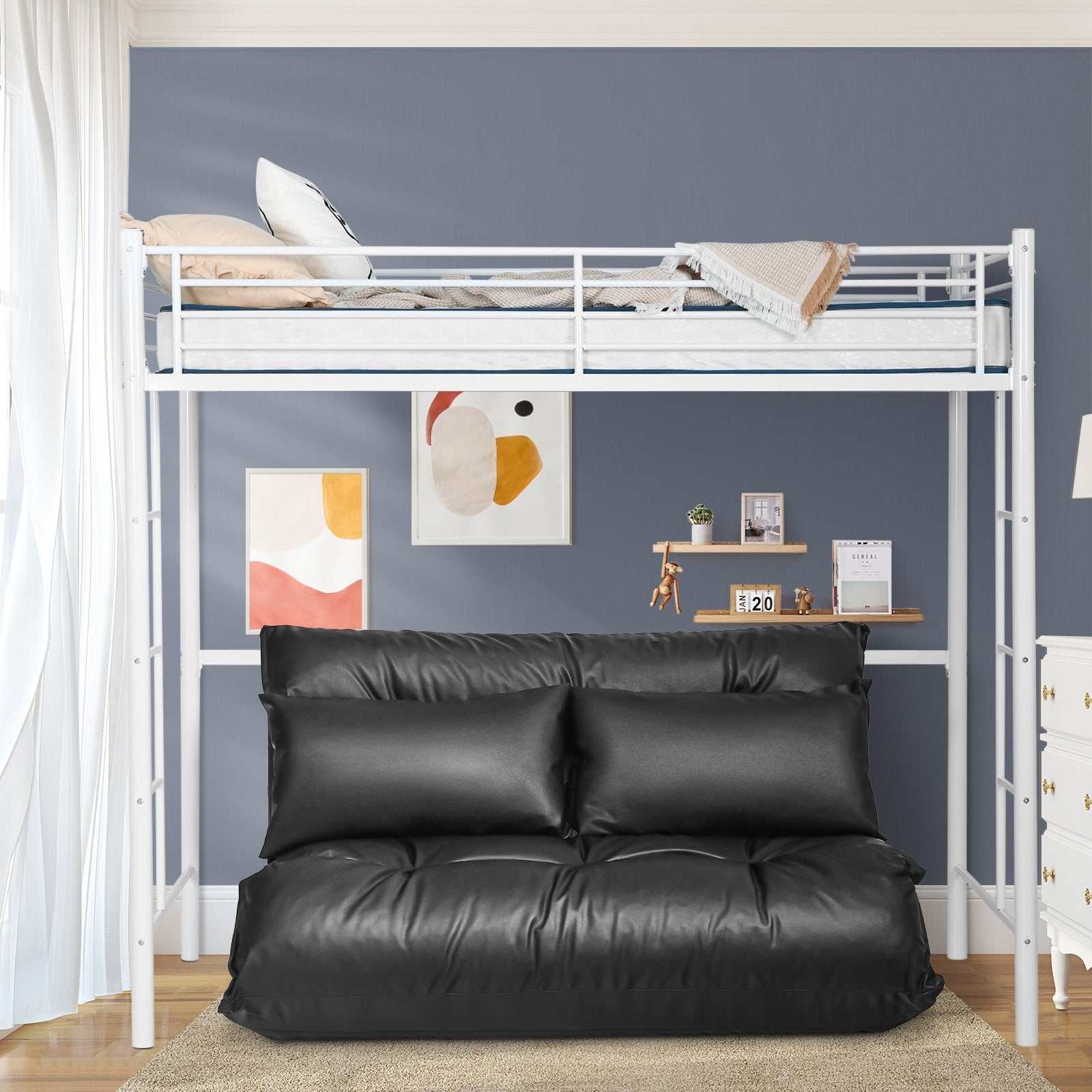 Foldable PU Leather Leisure Floor Sofa Bed with 2 Pillows-Black