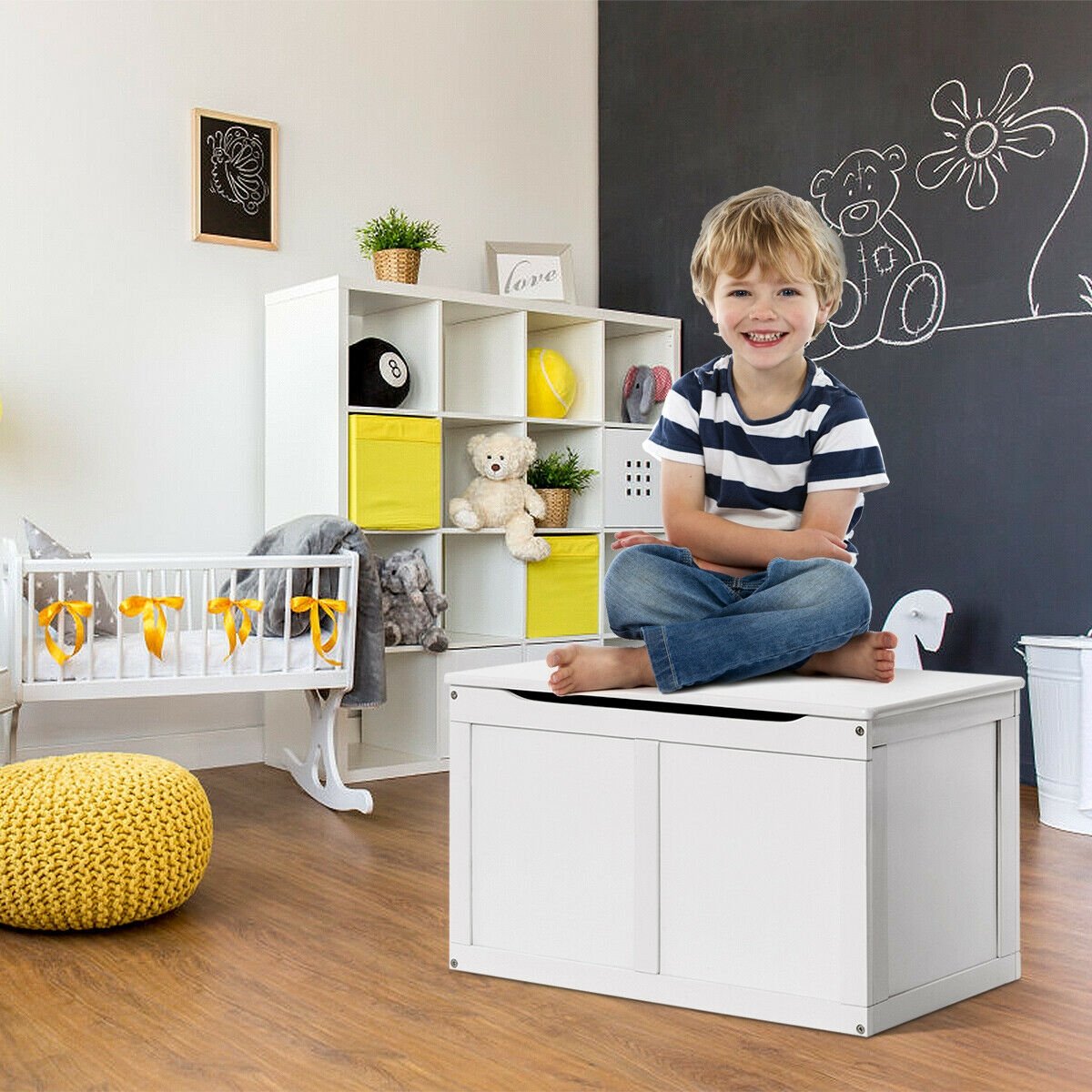 Safety Hinge Wooden Chest Organizer Toy Storage Box-Gray