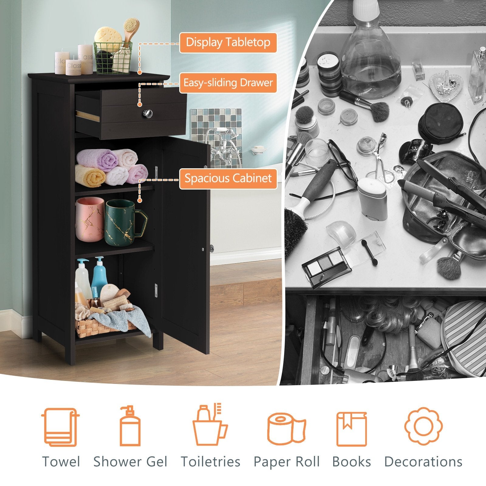 Wooden Storage Free-Standing Floor Cabinet with Drawer and Shelf-Black