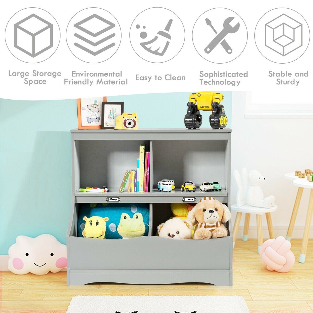 3-Tier Kids Bookcase Storage Organizer-Gray
