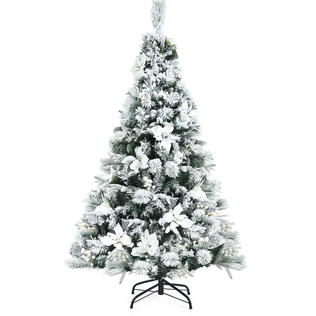 Snow Flocked Christmas Pencil Tree with Berries and Poinsettia Flowers- 8 ft