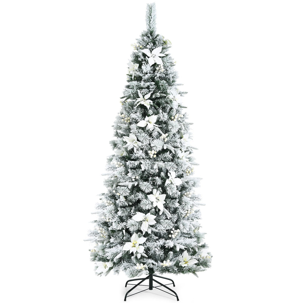 Snow Flocked Christmas Pencil Tree with Berries and Poinsettia Flowers- 8 ft