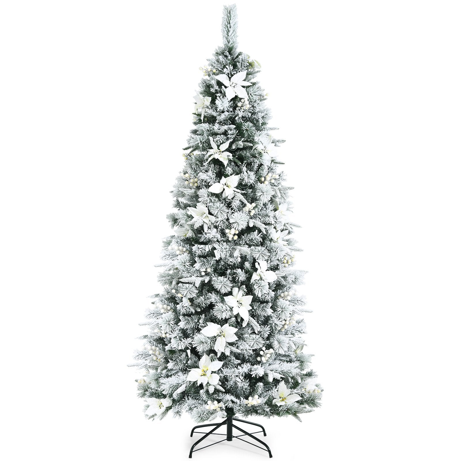 Snow Flocked Christmas Pencil Tree with Berries and Poinsettia Flowers- 8 ft