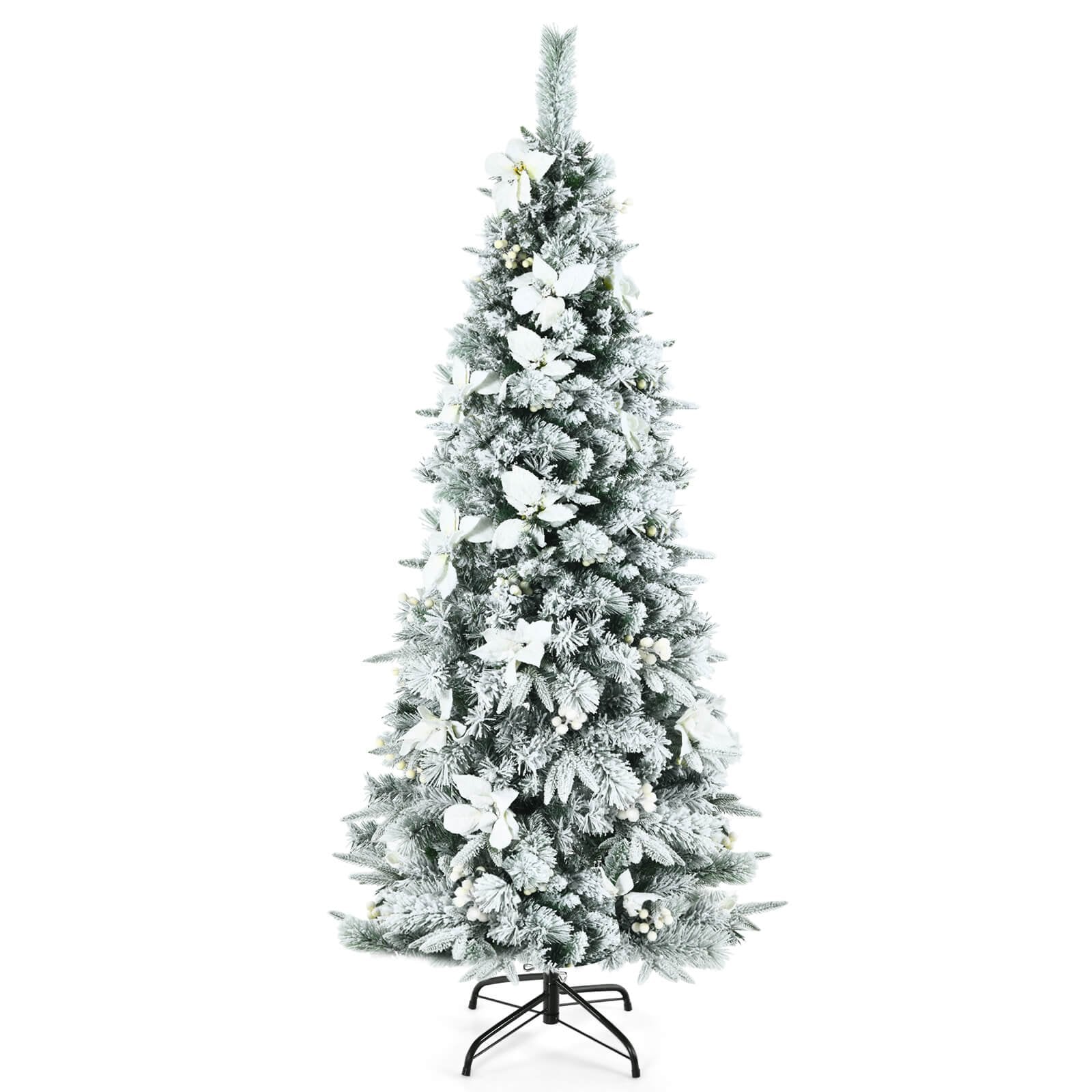 Snow Flocked Christmas Pencil Tree with Berries and Poinsettia Flowers- 8 ft
