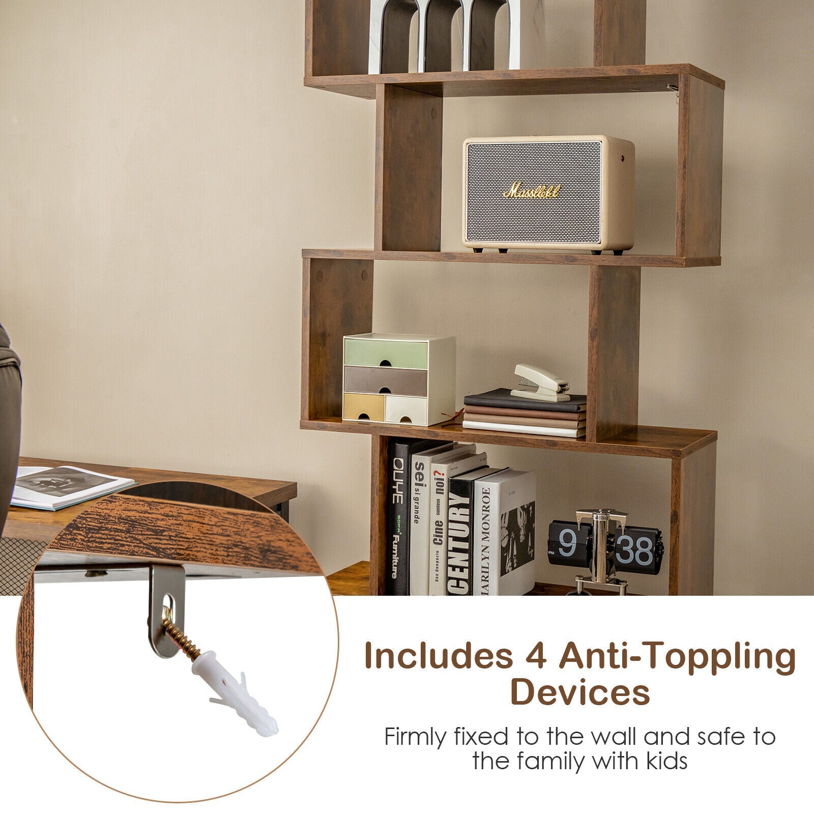 6-Tier S-Shaped Freestanding Bookshelf with Cabinet and Doors-Black