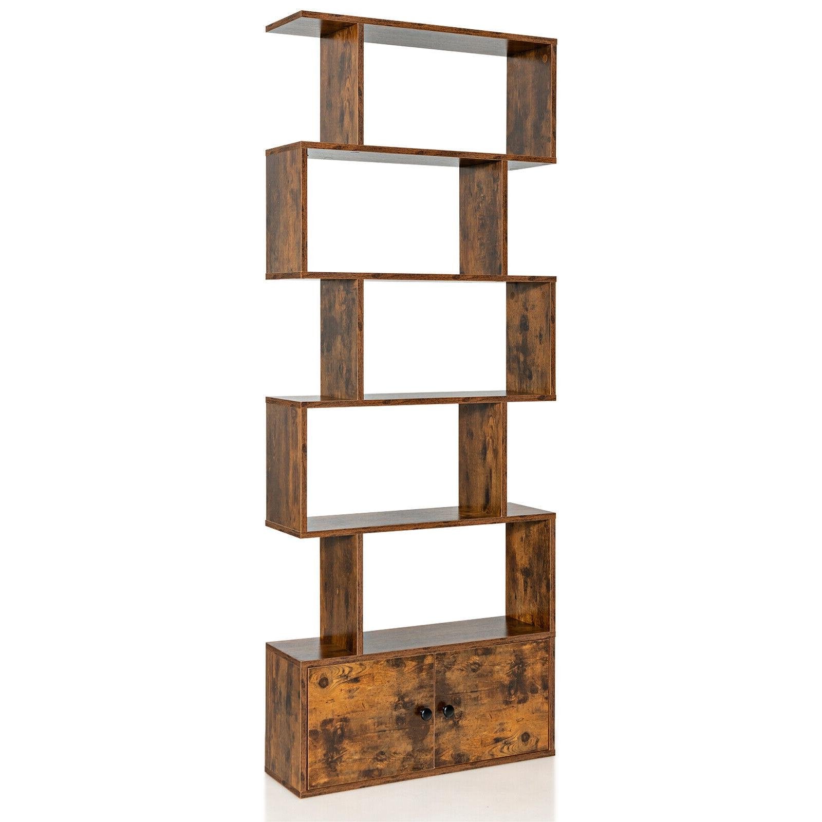 6-Tier S-Shaped Freestanding Bookshelf with Cabinet and Doors-Black