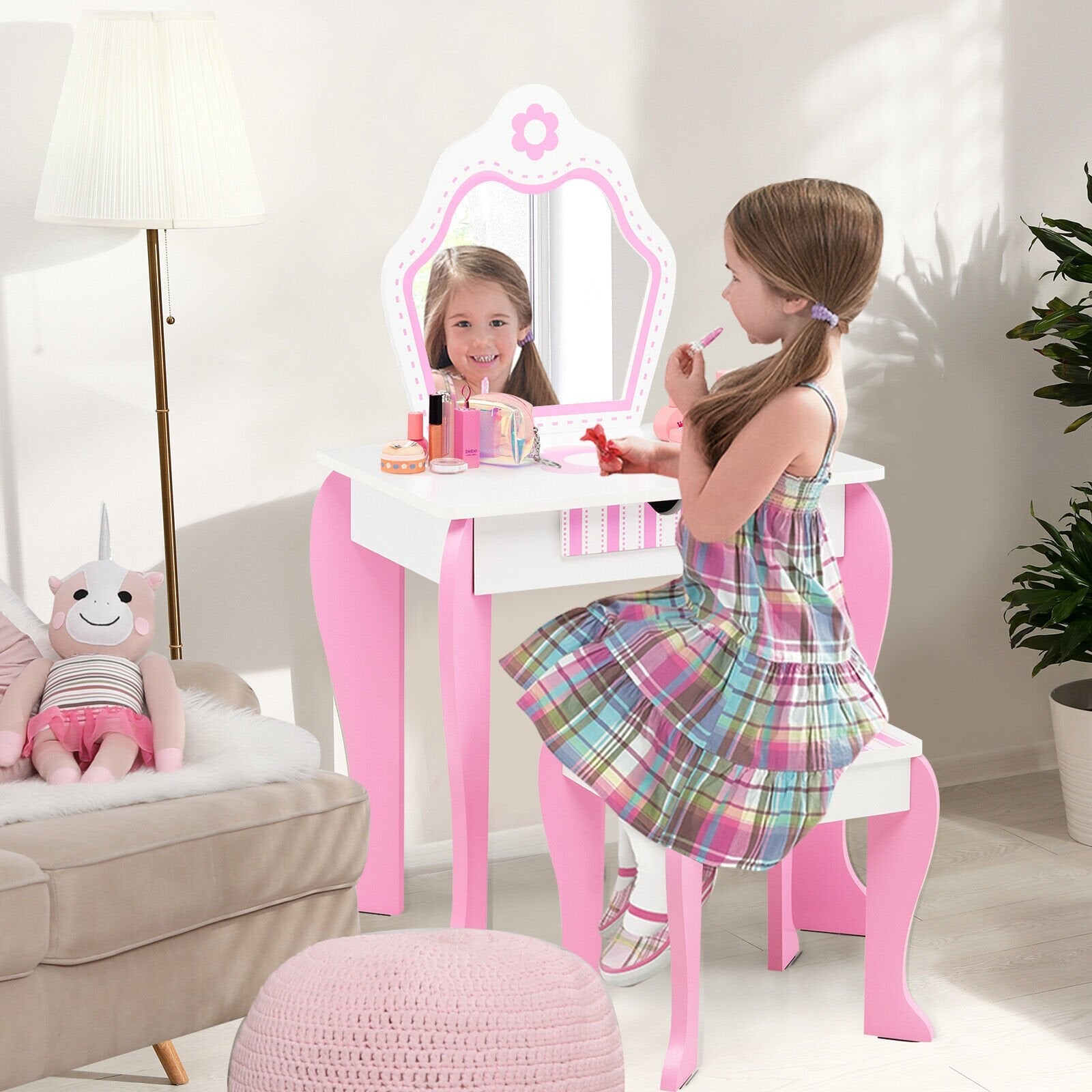2-in-1 Toddler Vanity Set with Detachable Top and Cute Flower Patterns-White