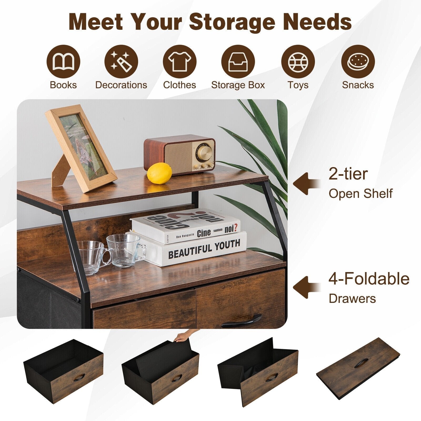 Freestanding Cabinet Dresser with Wooden Top Shelves-M