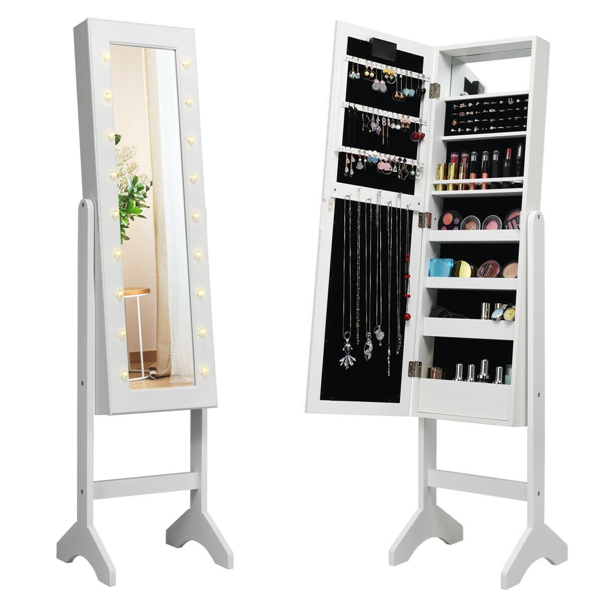 Mirrored Jewelry Cabinet Armoire Organizer w/ LED lights-Black