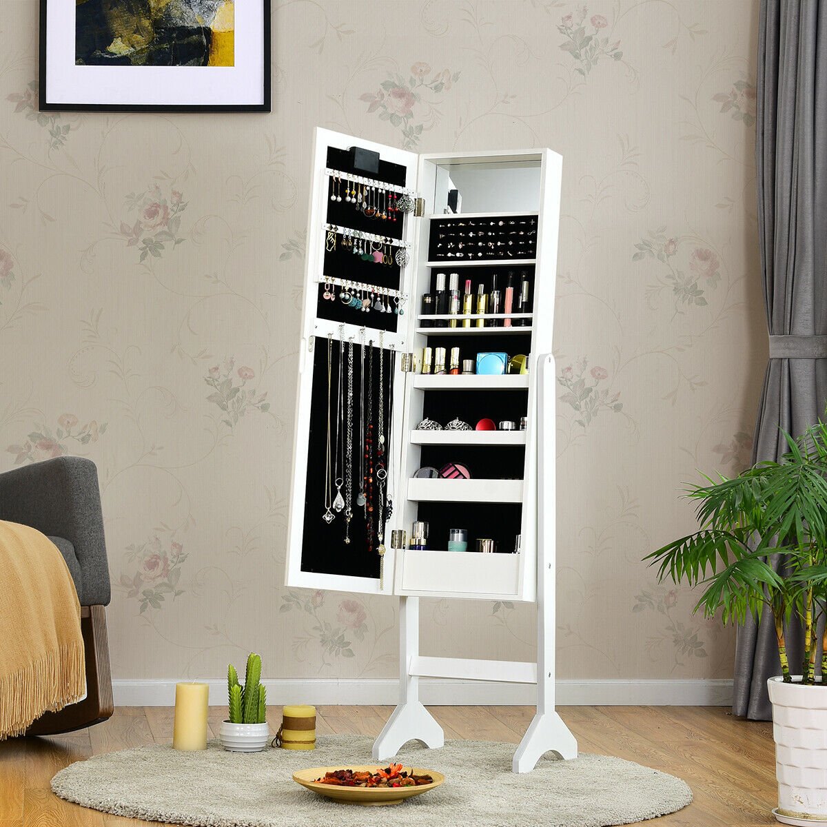 Mirrored Jewelry Cabinet Armoire Organizer w/ LED lights-Black
