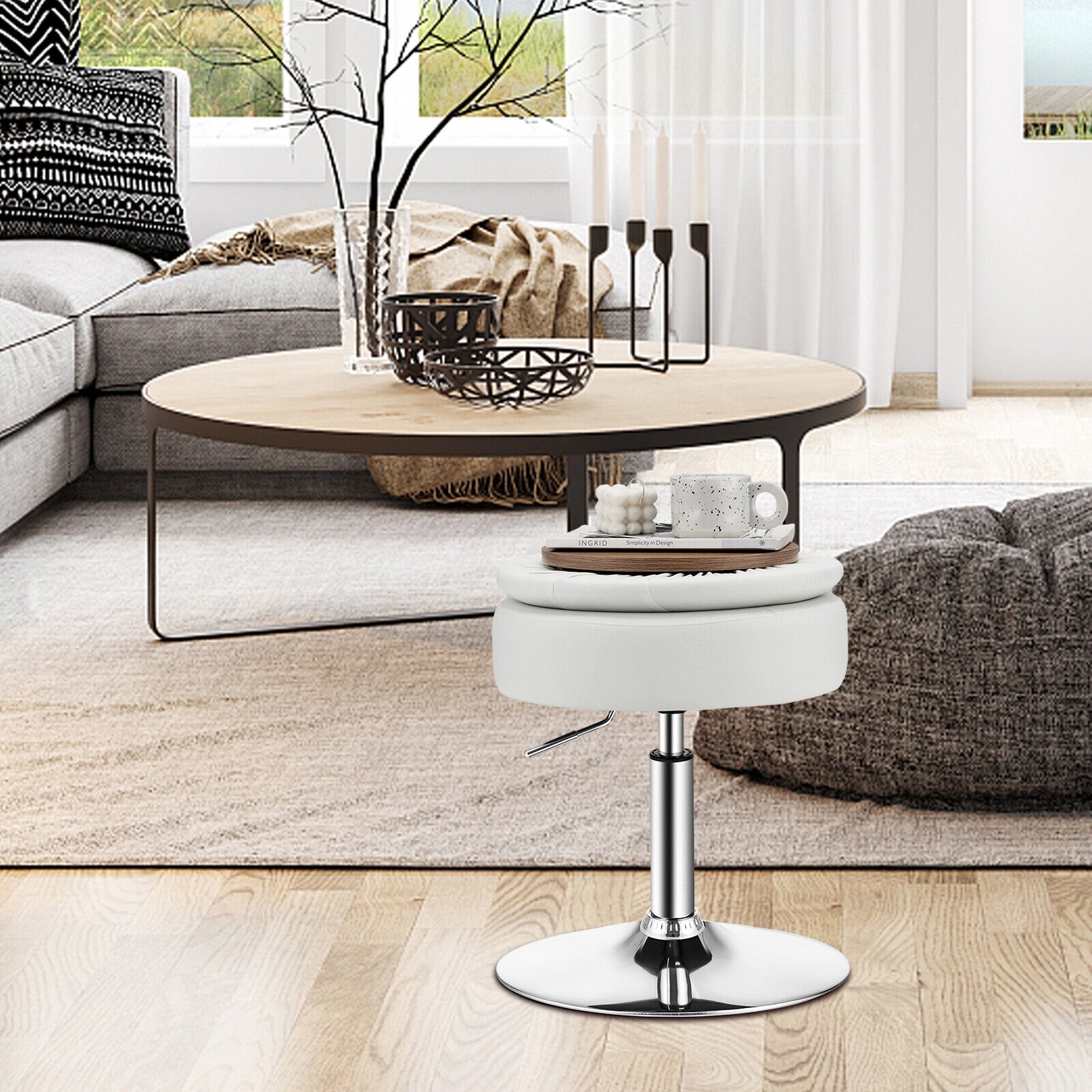 Adjustable 360° Swivel Storage Vanity Stool with Removable Tray-Black