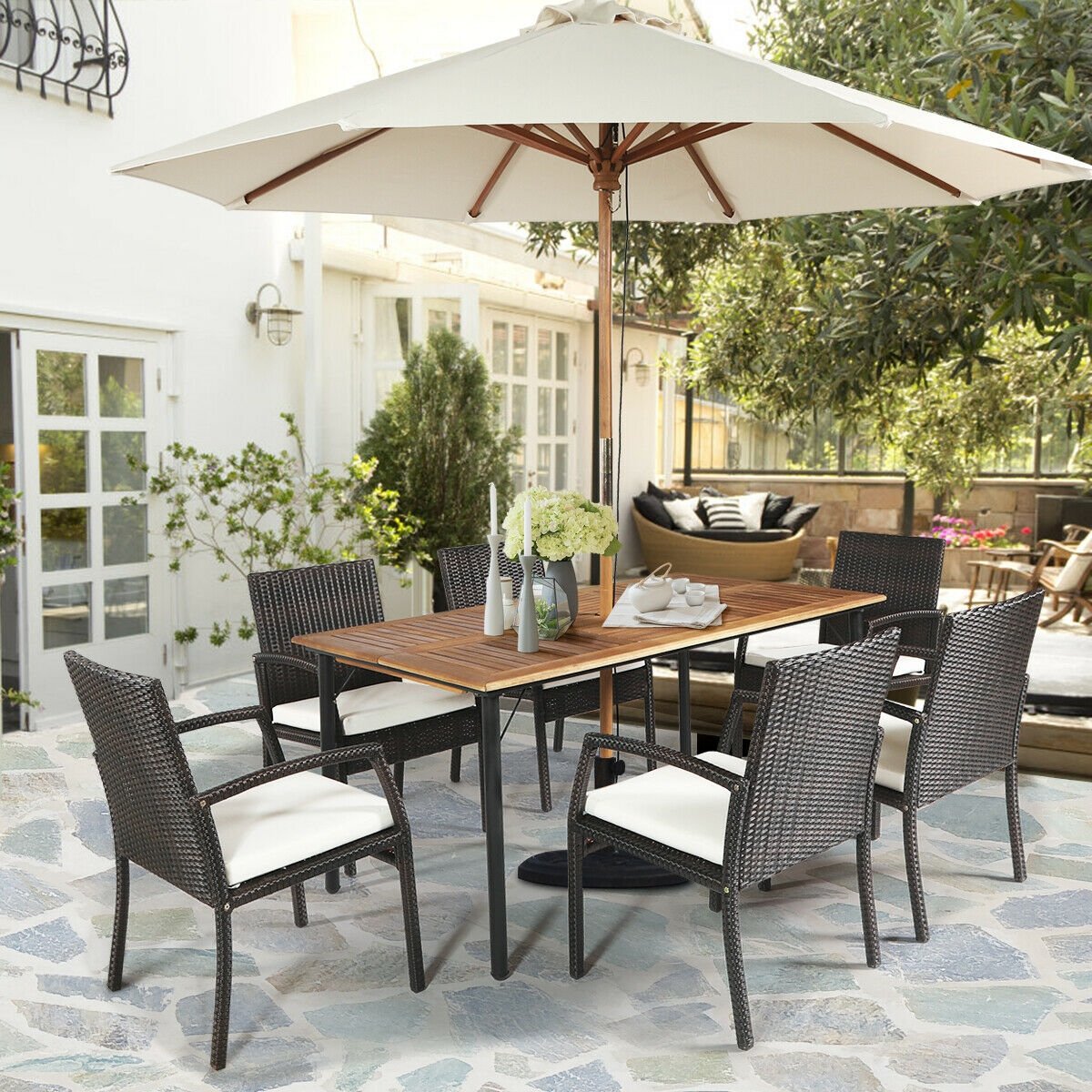 7Pcs Patio Rattan Cushioned Dining Set with Umbrella Hole-Navy