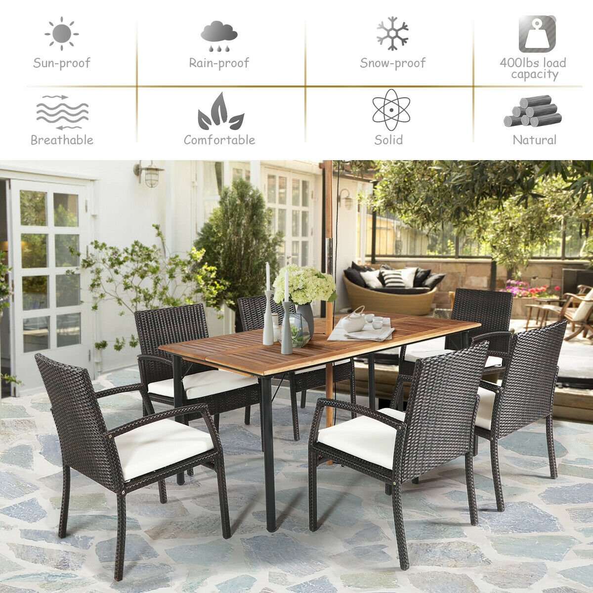 7Pcs Patio Rattan Cushioned Dining Set with Umbrella Hole-Navy