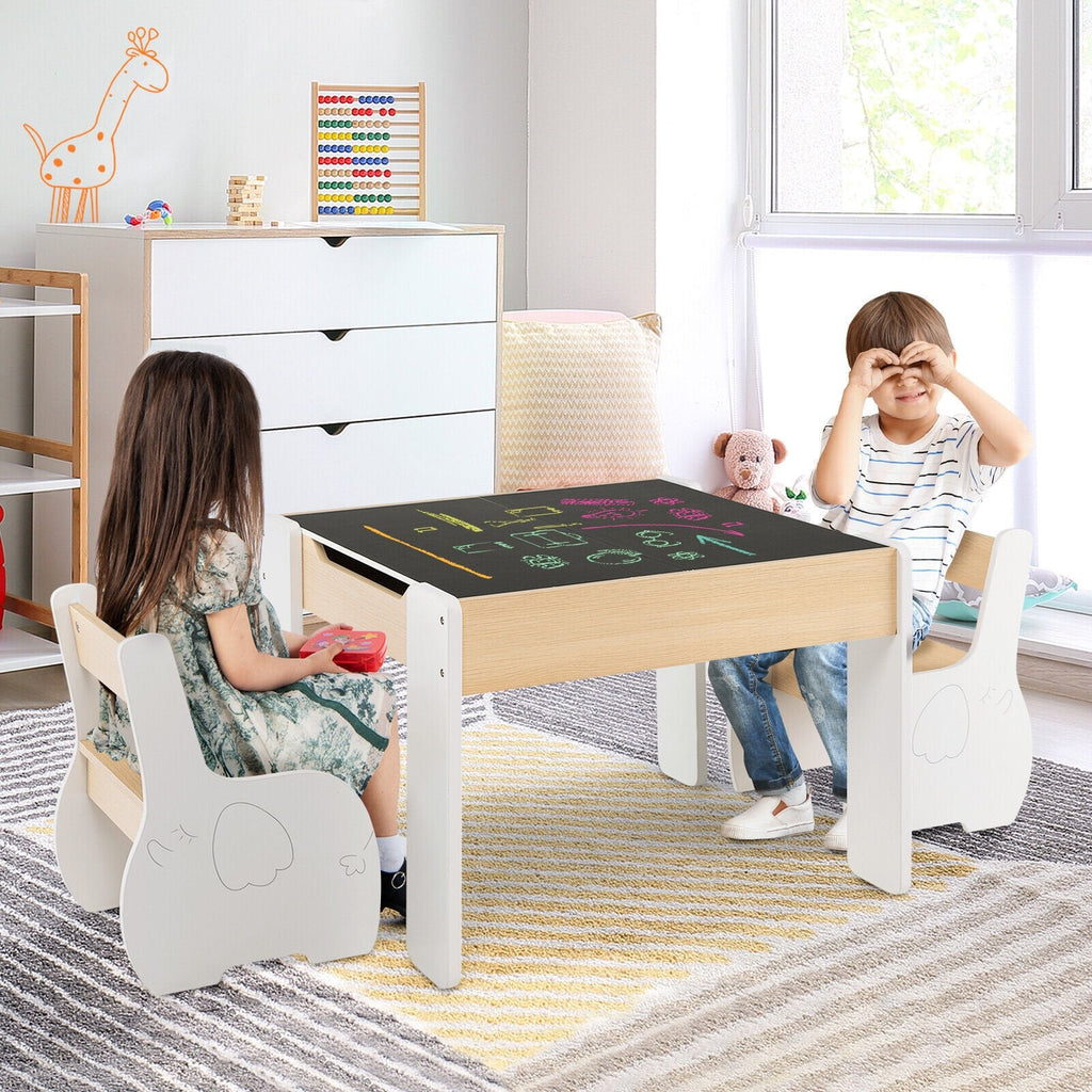 4-in-1 Wooden Activity Kids Table and Chairs with Storage and Detachable Blackboard-Gray