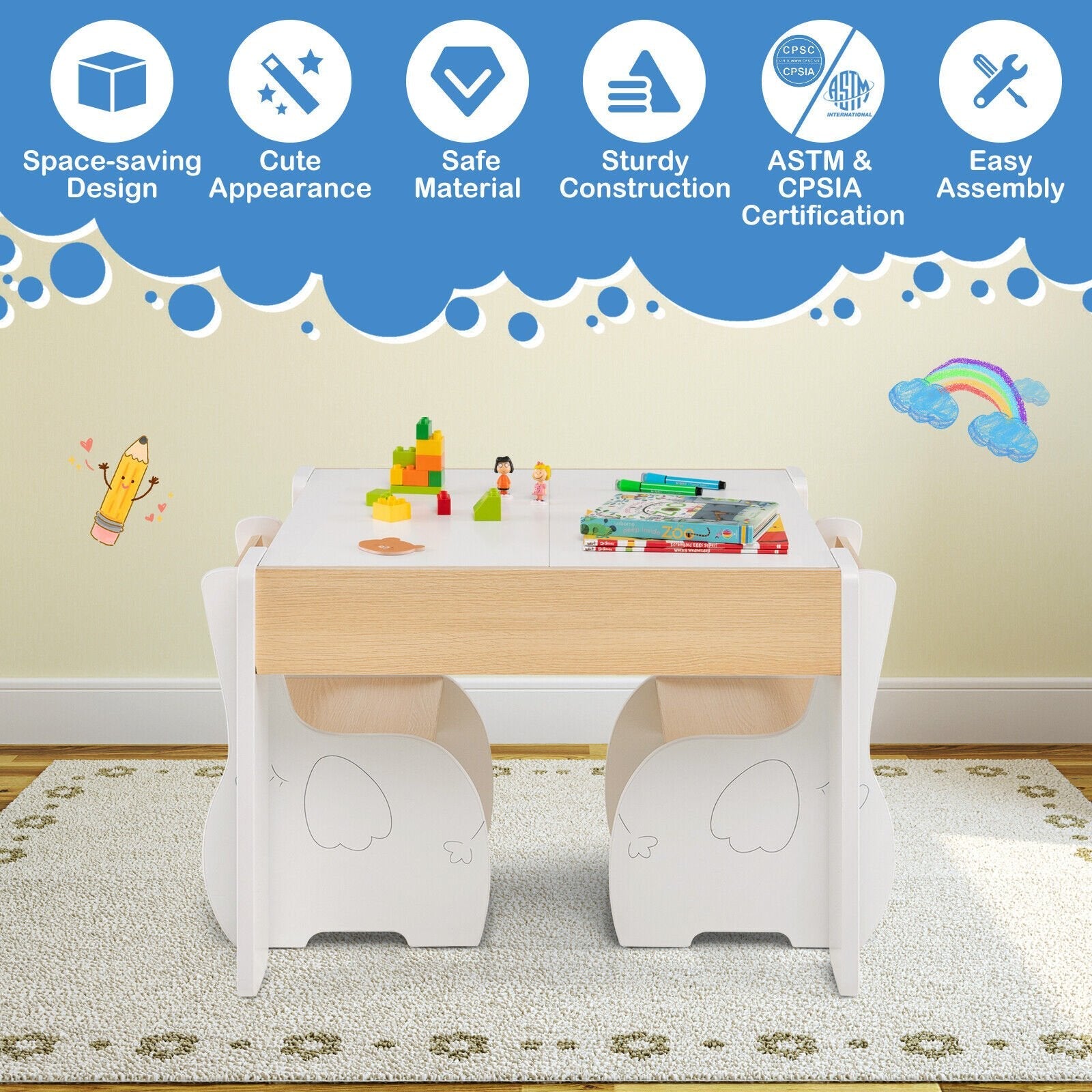 4-in-1 Wooden Activity Kids Table and Chairs with Storage and Detachable Blackboard-Gray