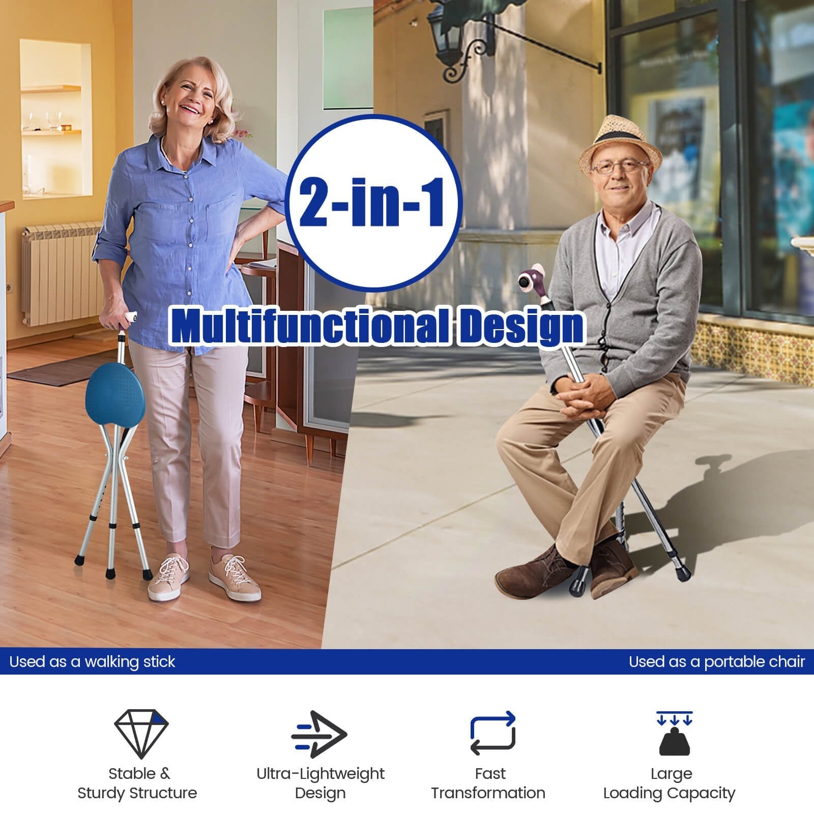 Lightweight Adjustable Folding Cane Seat with Light-Black