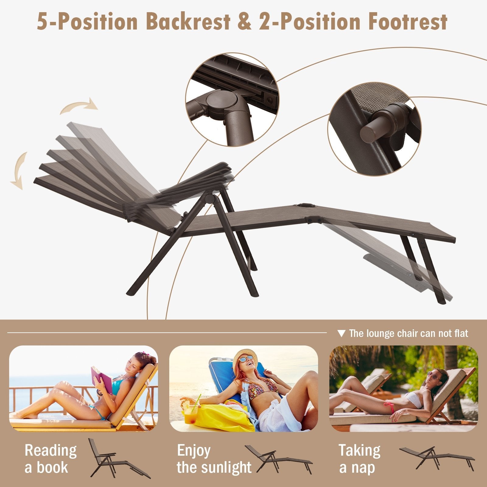 Patio Foldable Chaise Lounge Chair with Backrest and Footrest-Black