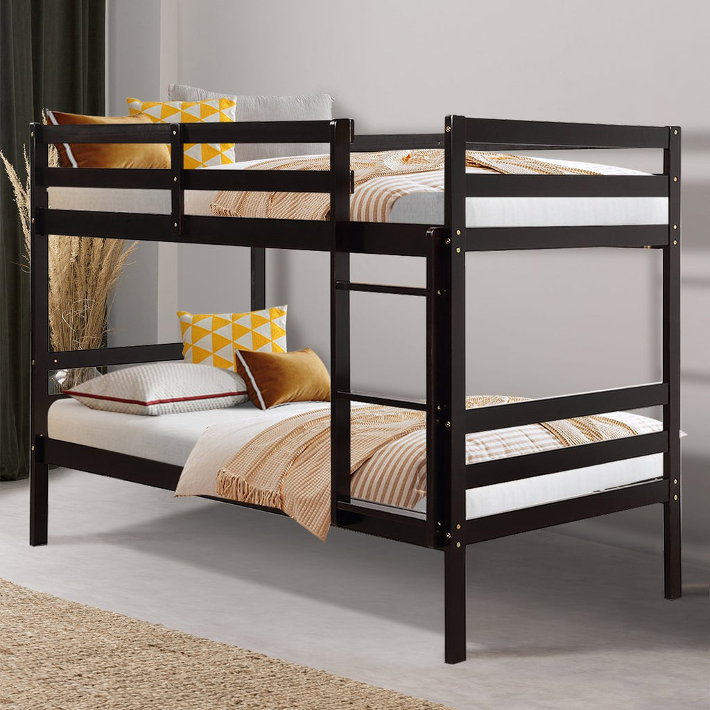 Twin Bunk Bed Children Wooden Bunk Beds Solid Hardwood-Brown