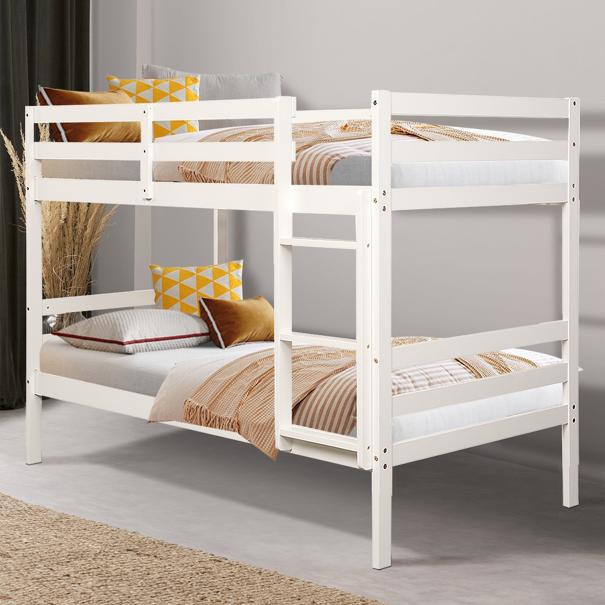 Twin Bunk Bed Children Wooden Bunk Beds Solid Hardwood-Brown