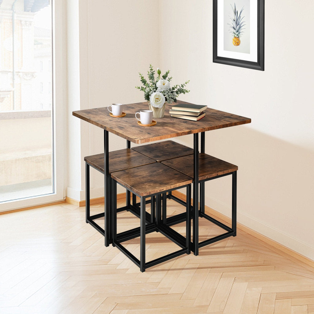 5 Pieces Metal Frame Dining Set with Compact Dining Table and 4 Stools-Natural