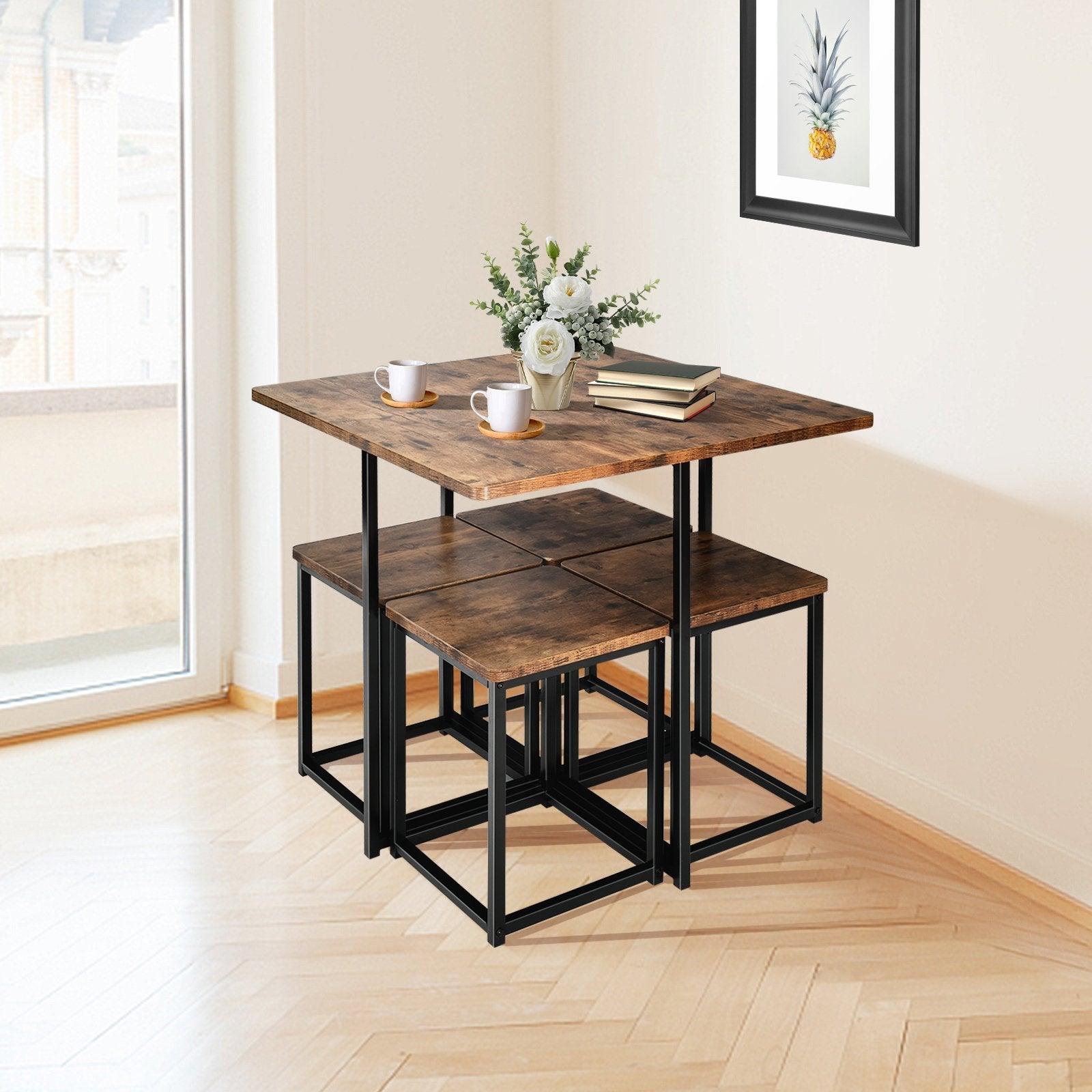 5 Pieces Metal Frame Dining Set with Compact Dining Table and 4 Stools-Natural