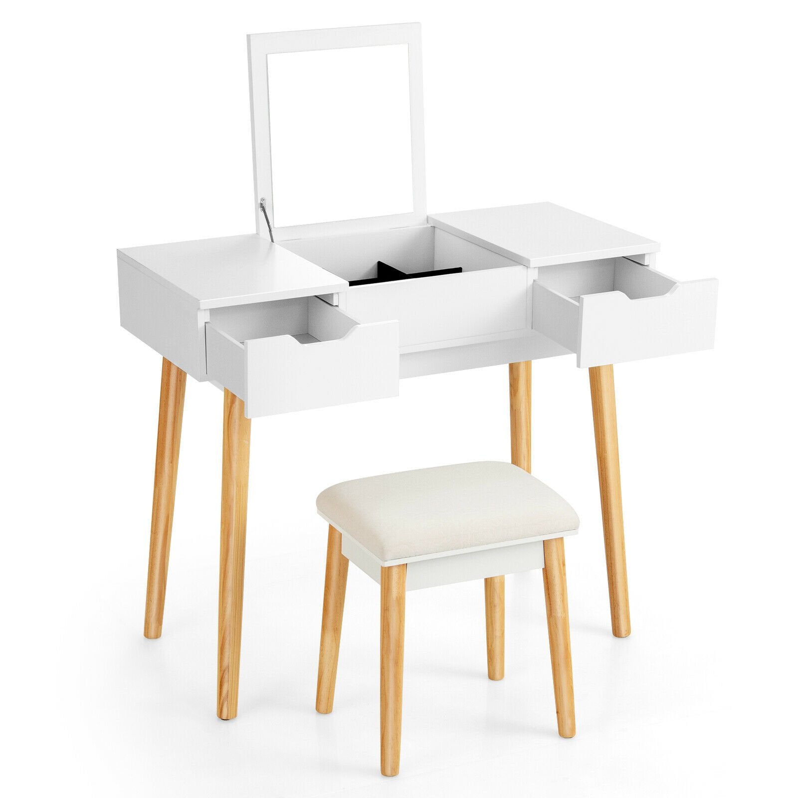 Makeup Vanity Table Set with Flip Top Mirror and 2 Drawers-Pink