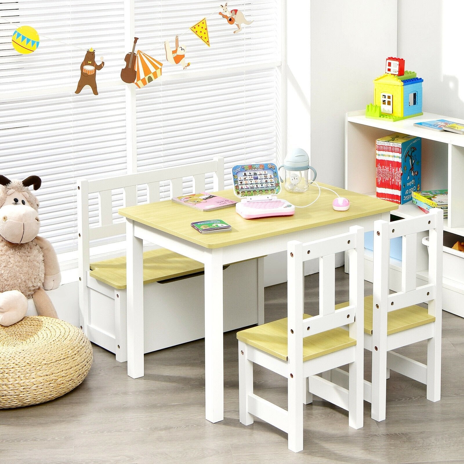 4 Pieces Kids Wooden Activity Table and Chairs Set with Storage Bench and Study Desk-Gray