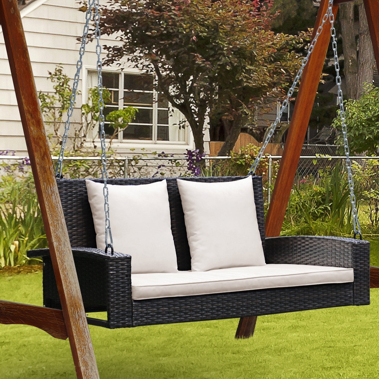 2-Person Patio Rattan Porch Swing with Cushions-Black
